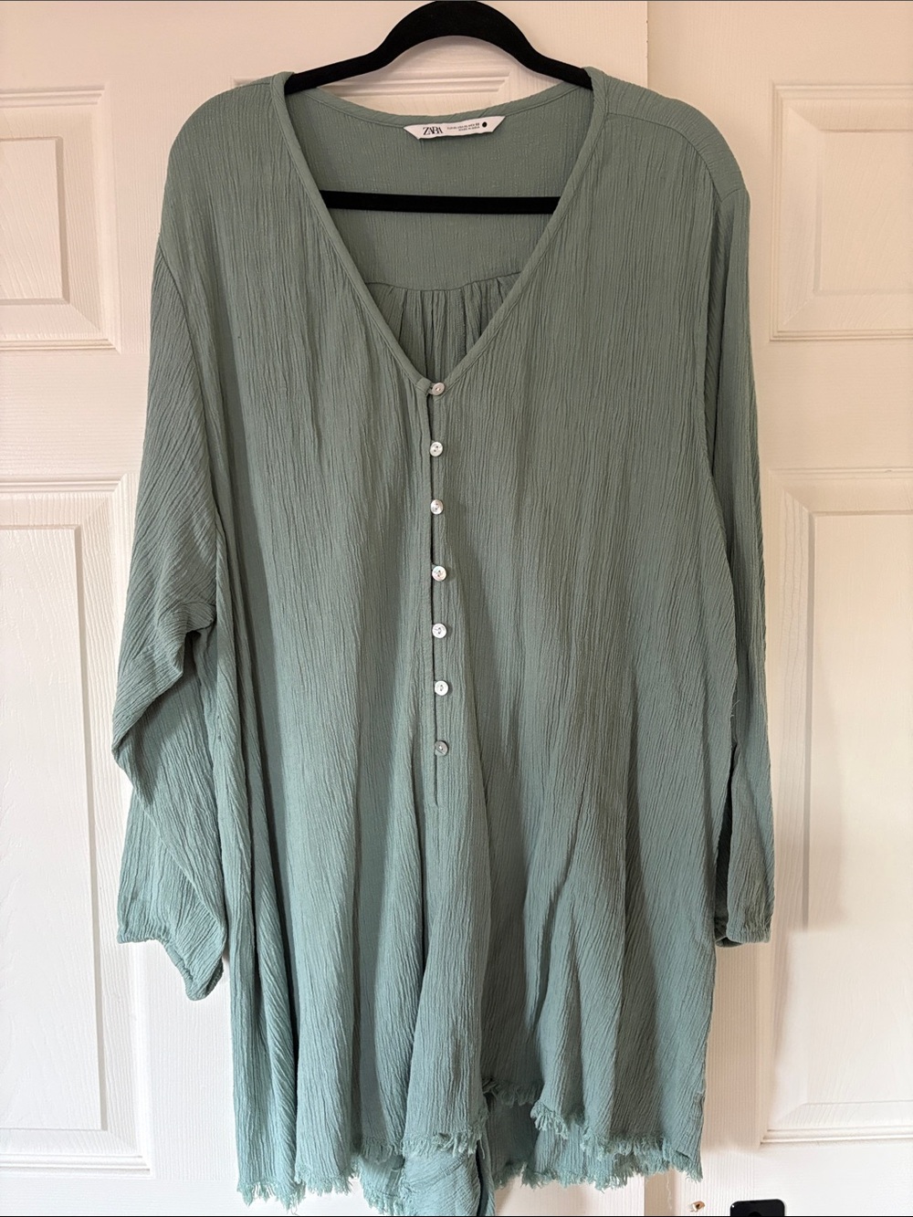 Zara Sage Green Crinkle Gauze Button Up Romper XL Oversized